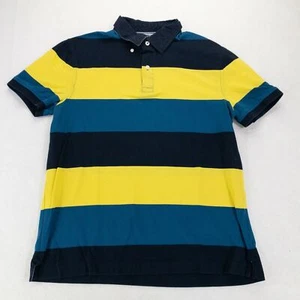 Tommy Hilfiger Shirt Boys Medium Polo Blue Yellow Collared Striped Kids Youth - Picture 1 of 7