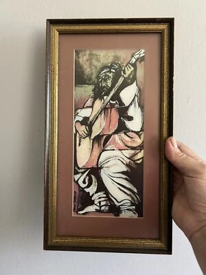 Hombre con guitarra MCM arte expresionista firmado por artista 12”x 7” mediados de siglo Foto 1 de 4