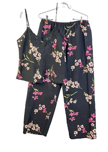 Oscar De La Renta 2 Piece Pajama Set Women Large Black Floral Designer Sleepwear - Picture 1 of 15