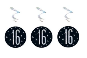 GLITZER SCHWARZ ALTER 16 HÄNGENDE WIRBEL DEKORATION HAPPY BIRTHDAY PARTY HOLOGRAFISCH - Bild 1 von 1