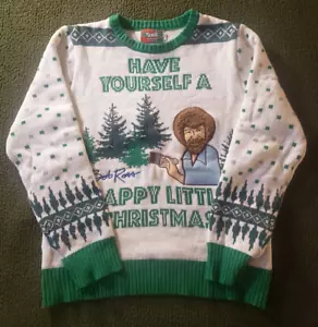 Bob Ross Have Happy Little Ugly Weihnachtspullover Herren weiß LARGE leuchtet! - Bild 1 von 11