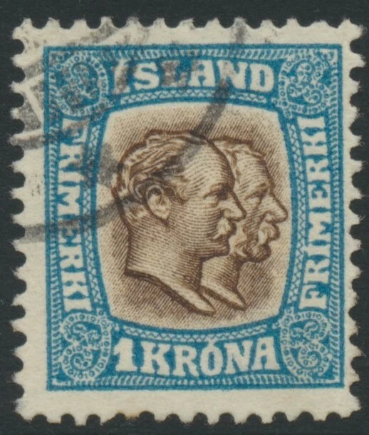 ICELAND. 1 Kr brown/blue Two Kings, F used (PH1477) - Image 1 of 1