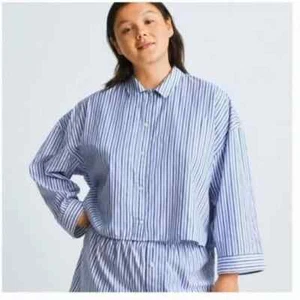 Everlane Cotton PJ Boxy Crop Button Front Blue & White Striped Long Size Medium - Bild 1 von 2