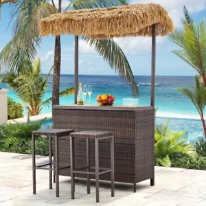 Outdoor 3 Pieces Wicker Patio Bar Set w/2 Height Stools, Storage Shelf, Canopy - Picture 1 of 11