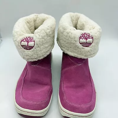 Timberland Girls Pull On Pink Suede Boots Size 6M Faux Sherpa Lined Fold Over - Image 1 of 4
