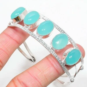 Aqua Chalcedony Gemstone Handmade 925 Sterling Silver Jewelry Bangle Sz 7-8 - Picture 1 of 1