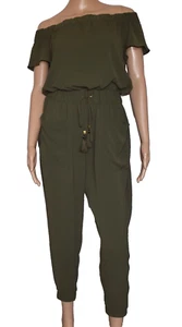 NWOT Michael Kors Olive Green Off The Shoulder Elastic Waist Jumpsuit Size M - Picture 1 of 8