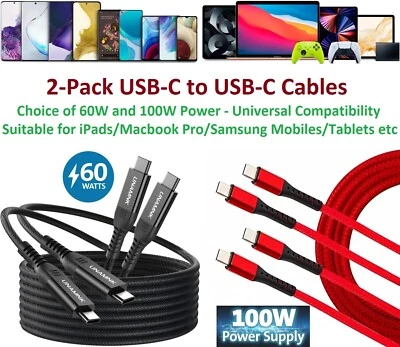 2-Pack 2M USB C to USB C Cable Nylon Braided USB3.2 Gen2 100W 60W PD Fast Charge - Image 1 of 2