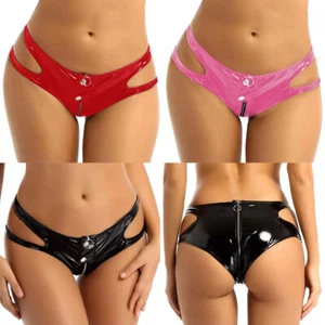Women PVC Leather Wet Look Zip Open Crotch Latex Bikini Briefs Underwear Panties - Picture 1 of 19