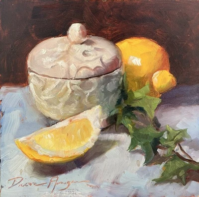 Pintura al óleo original Bodegón con limones firmada por el artista, 6 X 6 pulgadas Foto 1 de 4