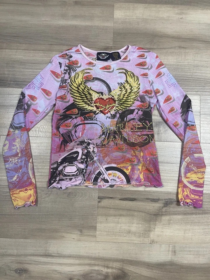 Camisa tatuaje transparente Harley Davidson vintage talla M rosa estrás Y2K camiseta bebé Foto 1 de 4
