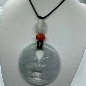 Vintage Chinese Jade Moon Festival Pendant w Silk Cord 34” Burma Natural Jadeite - Picture 1 of 6