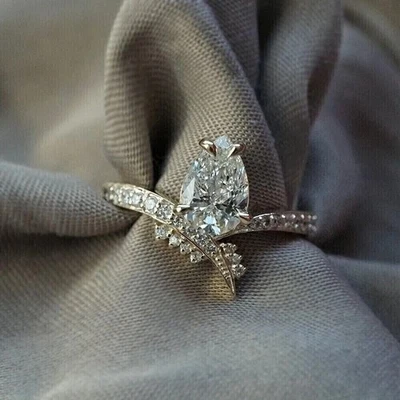 3 CTW E VVS2 Pear Cut Lab Grown Diamond Engagement Wedding 14k White Gold Ring - Image 1 of 4