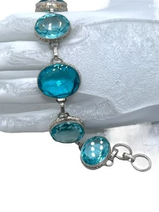 Gemarkt 925, Sterling Silber wunderschönes Armband, große aquablaue facettierte Steine - Bild 1 von 2