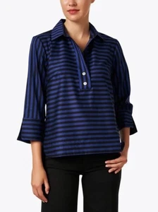 Hinson Wu Aileen Black & Blue Striped Cotton Blouse Sz Small Retail $278 - Picture 1 of 8