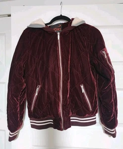 Yoki Women's Velvet Zip Up Jacket Size L Burgundy Grey Hood - Picture 1 of 8