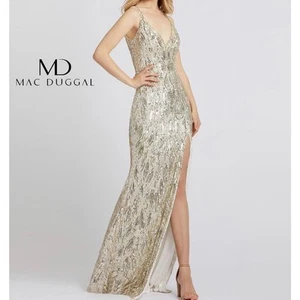 MAC DUGGAL 5018 Dress 2 Cassandra Stone Sequin Gown Plunging Neckline High Slit - Picture 1 of 17
