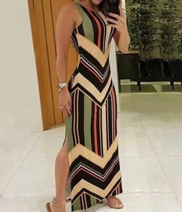 Maxi Vestido Colorido Estampado Geométrico a Rayas Abertura Lateral Negro Tostado Crema Naranja XL - Imagen 1 de 8