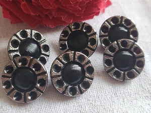Lot 6 boutons en verre noir argenté gris creusé motif 1,8 cm  ref 2796 - Picture 1 of 3