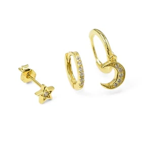 3 Pairs Moon/Star Zirconia Hoop/Stud Earring Set Sterling Silver 18k Gold Plated - Picture 1 of 6