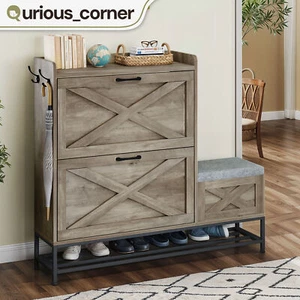 Shoe Rack Cabinet 16 Pairs 2 Flip Drawers Entryway Bench Storage Shelf 2 Hooks - Picture 1 of 11