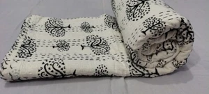 Trapuntino copriletto indiano stampato a blocco a mano queen size cotone Kantha - Foto 1 di 8