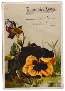 Antique Victorian Student Reward of Merit Card Flowers Pansies School Teacher - Picture 1 of 2