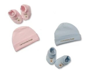 Baby Hat and Booties Cotton Gift Set - Mummy Hugs - Boys/Girls - Pink/Blue - Picture 1 of 1