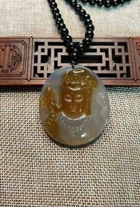 Certified natural Yellowish brown Agate Chalcedony Jade  Buddha guanyin Pendant9 - Picture 1 of 8