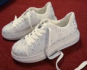 Womens White AB Rhinestone Bling Platform Sneakers Tennis Shoes Sz 7 Noy - Picture 1 of 6