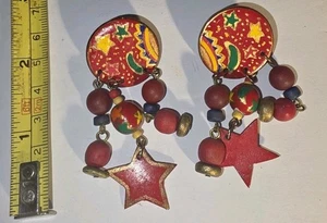 Vintage Boho Southwestern Star Earrings Hand Painted Celestial 1990s 80s Funky - Picture 1 of 6