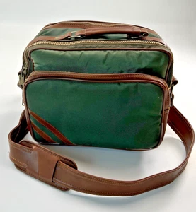 Vintage Camera Bag-Green Nylon-3 Padded Compartments- Brown Leather Strap/Trim - Picture 1 of 10
