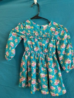 Little Lass 4T Floral Ruffle Dress | Long Sleeve Teal Rose Print - Image 1 of 4