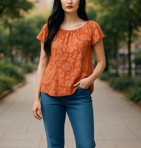 DAMEN LC LAUREN CONRAD PFIRSICH BLUMEN TRAUBEN DRUCK RUNDHALSAUSSCHNITT BLUSE FLÜGELÄRMEL - Bild 1 von 9