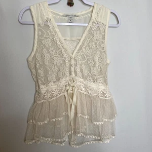 American Rag Cie Ivory Cotton-Lace Pearl-Button & Ribbon Tie Sheer Vest Size M - Picture 1 of 16