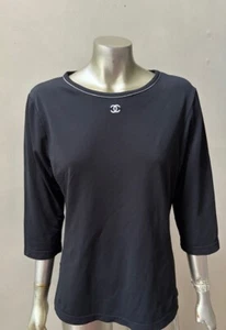 Chanel Boutique Basic Black Logo Employee Work 3/4 Nylon Stretch Shirt M - Picture 1 of 4