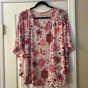 Susan Graver Printed Floral Liquid Knit V-Neck Scarf Top Size XL - Picture 1 of 13