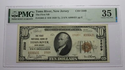 $10 1929 Toms River New Jersey NJ National Currency Bank Note Bill Ch #2509 VF35 - Image 1 of 4