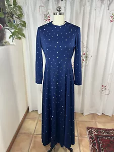 vtg 70s Feliz Arbeo Carrie Couture Maxi Dress Midnight Blue Rhinestone Gown M/L - Picture 1 of 13