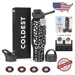 Coldest Insulated Sports Water Bottle 46 oz - 3-in-1 Versatile Lids & Leak-Proof - Picture 1 of 8