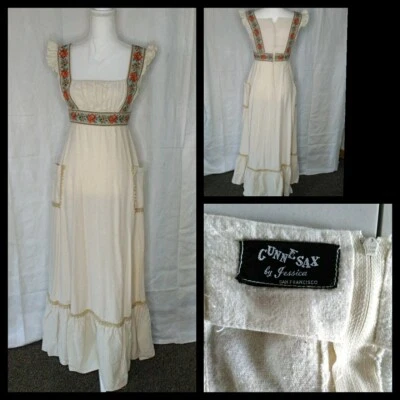 VTG 1970's Gunne Sax Maxi Dress Women's Med Black Label Cream Multi Color #J2642 - Image 1 of 4
