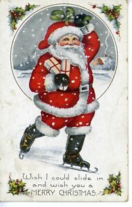 carte postale vintage Noël Père Noël patinage sur glace Whitney