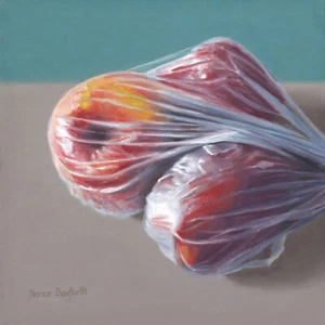 DANFORTH Three Apples In Plastic, 8x8 still life original realism oil painting - Picture 1 of 3