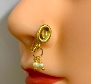 Gold tone non pierced kundan enamel pearl beads nose ring - Picture 1 of 3