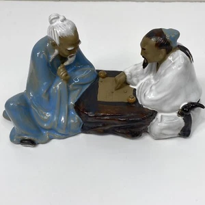 Vtg Chinese Shiwan Mudman Figurine Playing Board Game Go Scholar Pottery Glazed - Picture 1 of 13
