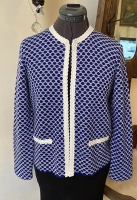 Винтажный SAN REMO Laura вязаный синий слоновой кости длинным рукавом кардиган вязаный свитер женщин Sz S - Изображение 1 из 4