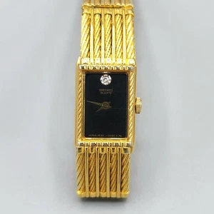 1980s Seiko Ladies Diamond Gold Plate Tank Wrist Watch 7" RUNS NEW BATTERY - Picture 1 of 17