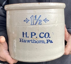 Weißdorn Keramik Co PA Steinzeug 1-1/2 Gal Topf blau verziert H.P. HP Hälfte - Bild 1 von 5