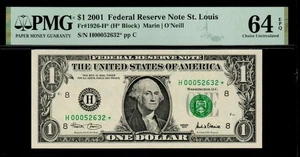 2001 $1 ST. LOUIS STAR NOTE PMG 64 EPQ 640K Print Run Fr 1926-H* Ch Uncirculated - Picture 1 of 2