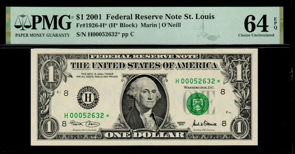 2001 $1 ST. LOUIS STAR NOTE PMG 64 EPQ 640K Print Run Fr 1926-H* Ch Uncirculated - Image 1 of 2